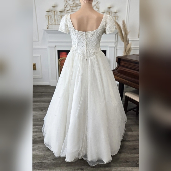 Mary's Vintage 90s Y2K White Short Sleeve Pearl Tulle Quince Wedding Dress sz 18 - Picture 2 of 2